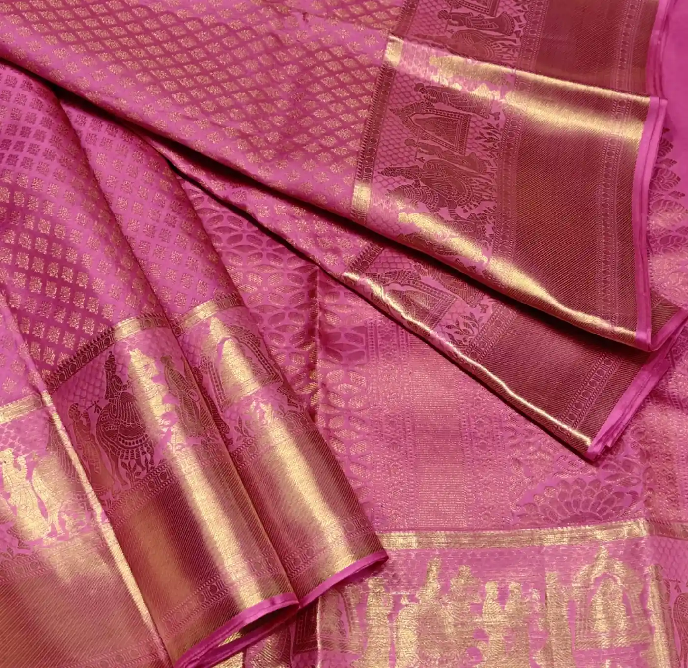 Kanjivaram Soft Tissue Silk Bridal Saree Rose Pink - Rani Pink